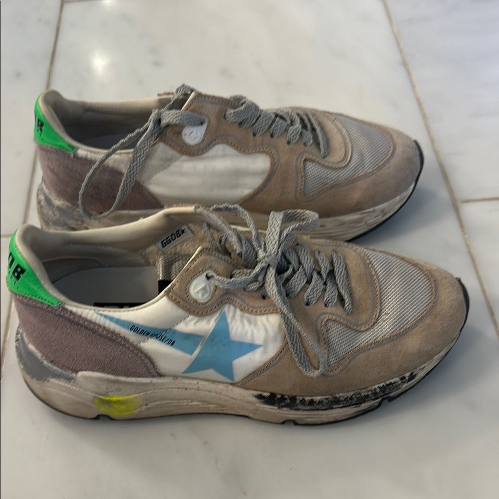 Golden Goose Athletic Shoes with Blue Star and Green Accents